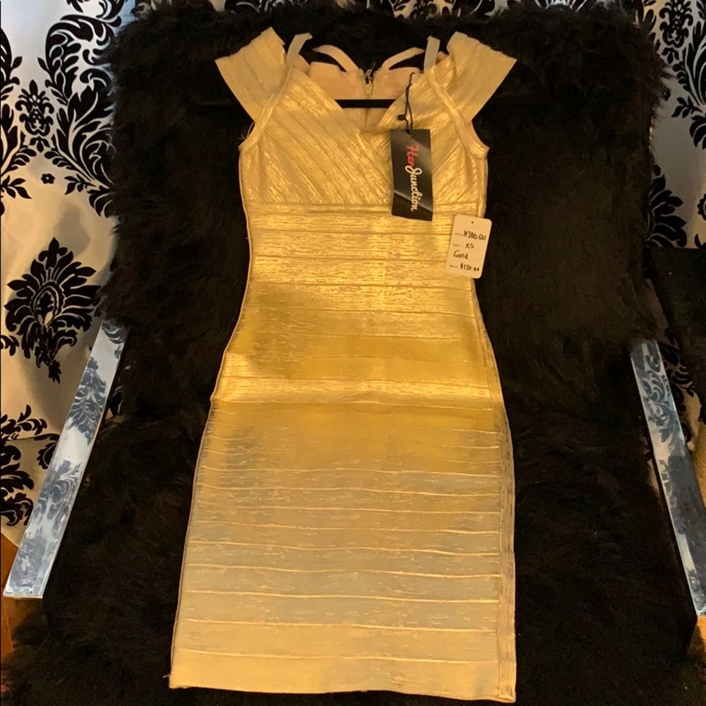 SHIMMERING GOLD BANDAGE DRESS - SIZE XS